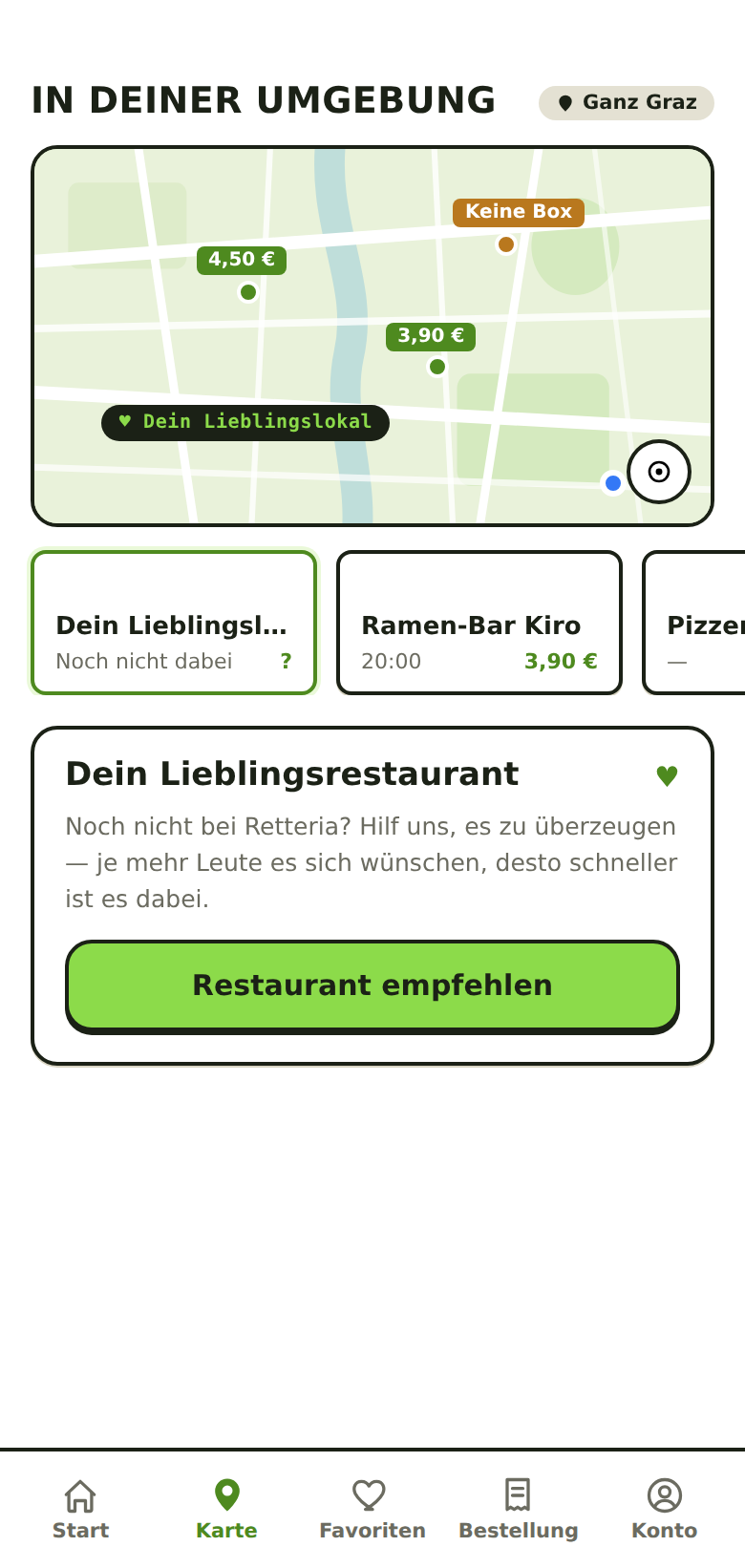 App-Ansicht: Karte mit Restaurants in der Umgebung, ein Lieblingslokal ausgewählt
