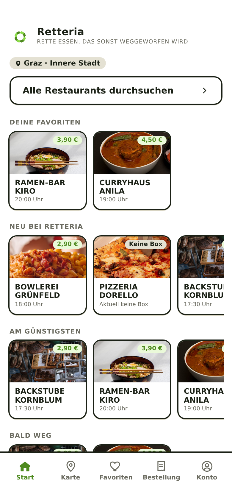 App-Ansicht: Startseite mit Restaurants und Boxen in der Nähe
