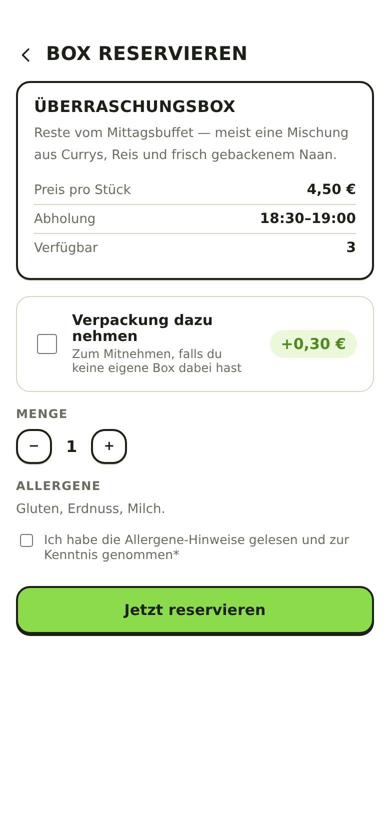 App-Ansicht: Überraschungsbox reservieren mit Preis, Abholfenster und Menge