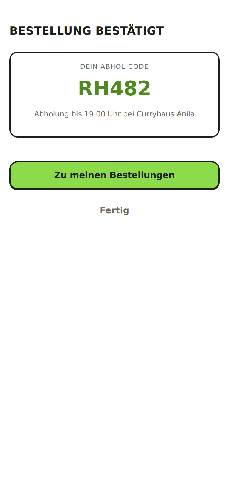App-Ansicht: Bestellung bestätigt mit Abhol-Code
